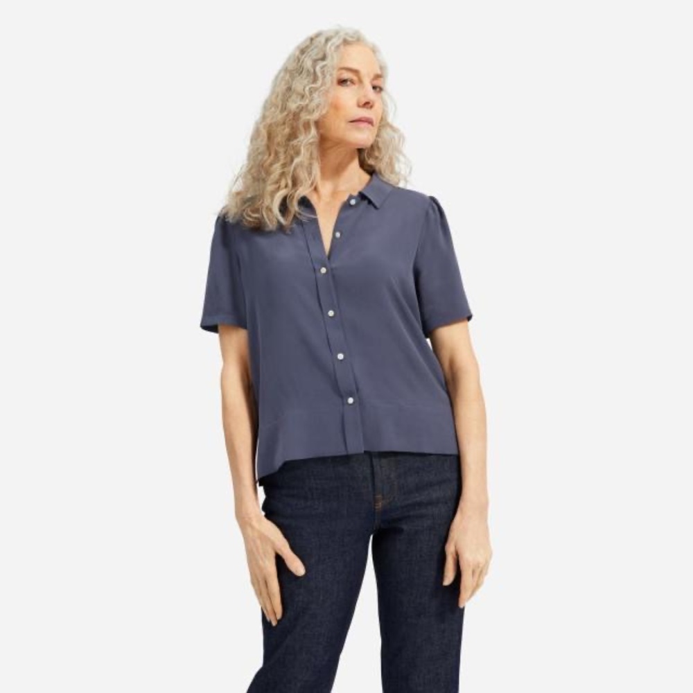 Everlane The Clean Silk Puff-Sleeve Shirt. Size 00. Washed Navy.